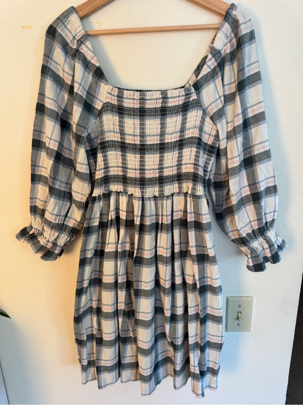 Madewell Plaid Smocked Midi Dress in Cream, Gray & Pink